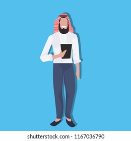 Arabic business man holding tablet wearing traditional clothes online communication concept arab businessman male cartoon character avatar flat full length vector illustration