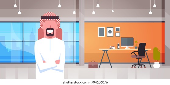 Arabic Business Man In Modern Office Wearing Traditional Clothes Arab Businessman Worker Flat Vector Illustration