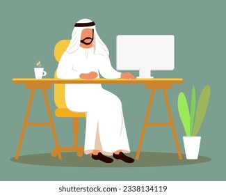 Arabic Business Man Using Computer Muslim Entrepreneur In Modern Office Flat Vector Illustration