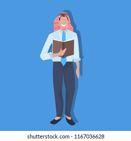 Arabic business man reading book wearing traditional clothes successful study concept arab businessman male cartoon character avatar flat full length vector illustration