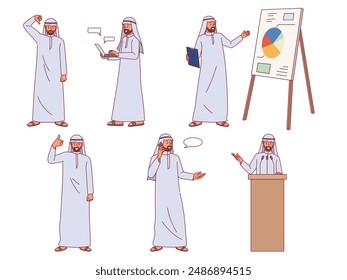 Arabischer Geschäftsmann. Die saudische Bürofigur in der muslimischen Tracht hält Vorträge, telefoniert, nimmt am Video-Chat teil. Dubai-Arbeiter, Cartoon-Wohnung isolierte Vektorgrafik-Set