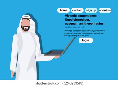 Arabic business man using laptop wearing traditional clothes arab businessman male cartoon character avatar blue background portrait horizontal copy space flat