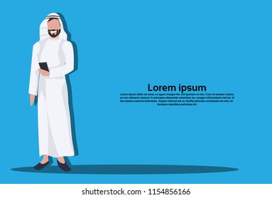 Arabic business man using smartphone wearing traditional clothes arab businessman male cartoon character avatar horizontal copy space full length flat vector illustration