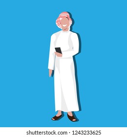 Arabic business man using smartphone wearing traditional clothes arab businessman male cartoon character avatar blue background full length flat