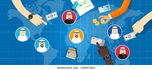 Arabic Business people of Arab connected in investment money. Hand with cash with man people wearing traditional Arab clothes and world map international transaction economy