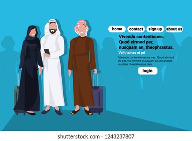 Arabic business people group holding valise wearing traditional clothes. Assignment travel concept with male female cartoon character avatars.  Blue background full length flat horizontal copy space