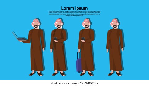 Arabic business people group standing together wearing traditional clothes assignment concept arab businessmen blue background horizontal copy space full length flat