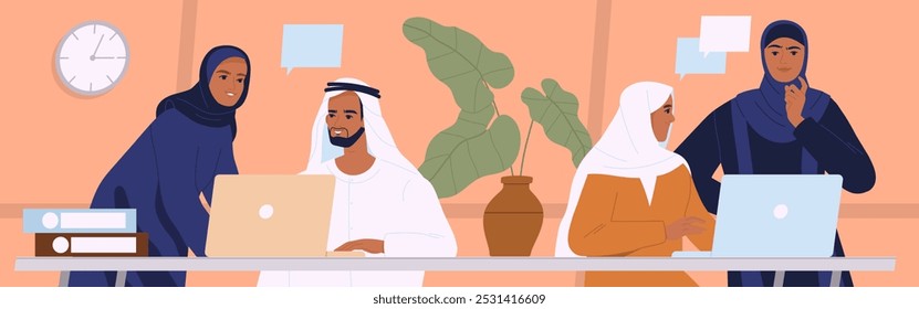 Gente de negocios árabe. Los empleados de oficina masculinos y femeninos con ropa tradicional musulmana realizan proyectos y tareas. Emprendedores de Arabia Saudita. Trabajo en equipo y colaboración. Ilustración vectorial plana