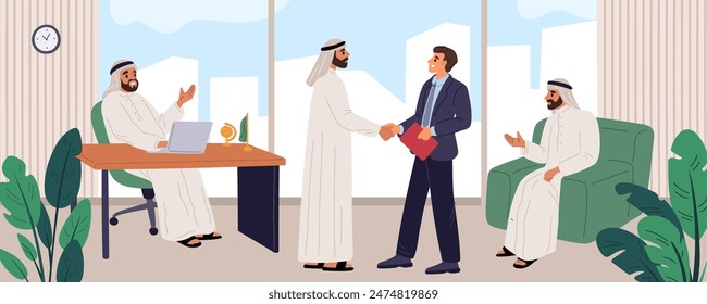 Reunión de hombres de negocios árabes. Hombre saudita con ropa tradicional le da la mano a su pareja. Directores de oficina. Negociación correcta. Hombre de negocios musulmán. Discusión de trabajo