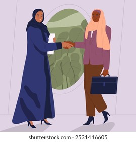 Arabic business people. Smart female entrepreneurs in Muslim hijabs made business deal or agreement. Saudi Arabian partners shake hands. Collaboration and teamwork. Flat vector illustration