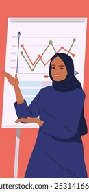 Arabic business person. Female entrepreneur in traditional Muslim clothing and hijab analyzes statistics, graphs and charts at conference. Company growth and development. Flat vector illustration