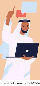 Empresário árabe. Empresário masculino com roupão saudita tradicional segura laptop e discute ideia de start-up com colegas e parceiros. Crescimento e desenvolvimento da empresa. Ilustração de vetor plano