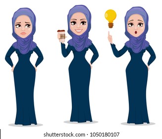 Arabic business woman cartoon character set. Young Muslim businesswoman in casual clothes stands sad with hands on hips, holds coffee and has a good idea. Vector illustration.