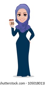 Arabic business woman cartoon character. Young cheerful Muslim businesswoman in casual clothes holds a cup of coffee. Vector illustration on white background.