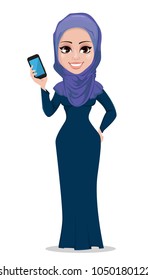 Arabic business woman cartoon character. Young beautiful Muslim businesswoman in casual clothes holds smartphone. Vector illustration on white background.