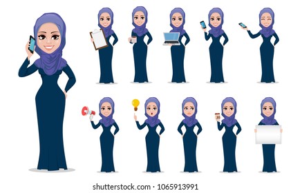 Arabic business woman cartoon character set. Young beautiful Muslim businesswoman in casual clothes. Vector illustration on white background.