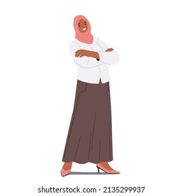 Arabic Business Woman with Crossed Arms. Arabian Female Character Dressed in Traditional National Hijab and Long Skirt with Blouse Isolated on White Background. Cartoon People Vector Illustration