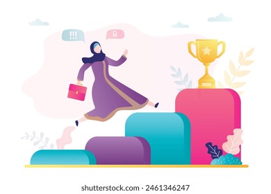 Arabic business woman in hijab runs up the steps to success, goal and trophy. Career ladder concept. Success in business, reward, successful muslim woman. flat vector illustration