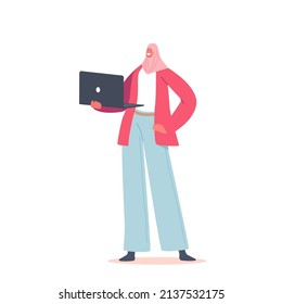 Arabic Business Woman with Laptop in Hands. Arabian Female Character Dressed in Traditional National Hijab and Formal Suit Isolated on White Background. Cartoon People Vector Illustration