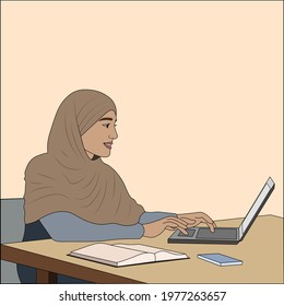 Arabic Business Woman Work On Computer, Muslim Girl In Hijab And Abaya 
 Studying Or Working On The Laptop, Phone And Book On The Table Vector Illustration, Student Or Manager At The Office