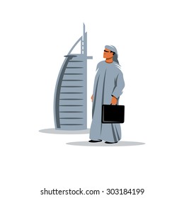 Arabic businessman with a briefcase in hand. Vector Illustration. Branding Identity Corporate logo design template Isolated on a white background