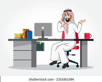 Arabic Businessman cartoon Character in traditional clothes sitting at his desk, speaking on smartphone and gesturing hand isolated on white background