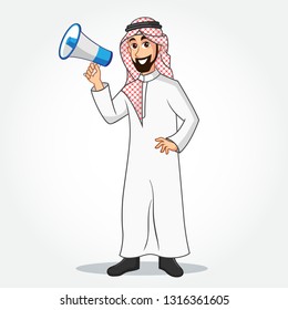 Arabic Businessman cartoon Character in traditional clothes holding a megaphone isolated on white background