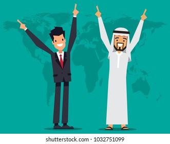 Arabic businessman celebrate victory with western businessman. Vector character design.
