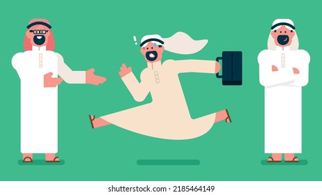 Arabic businessman character. Different poses and emotions, Young handsome Emirati business man in UAE traditional outfit, arab man with kandora ,Islamic head scarf, Flat avatar vector illustration.