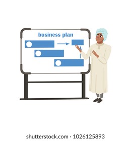 Arabic businessman character presentation and explaining planning work and strategies vector Illustration on a white background