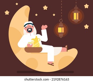 Arabic businessman character sitting on Ramadan Hilal islamic moon , Young handsome Emirati man in UAE traditional outfit, arab man with kandora,drinking with copper coffee pot, Flat avatar vector 