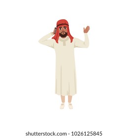 Arabic businessman character talking by pone and waving his hand, muslim man in traditional clothing vector Illustration on a white background