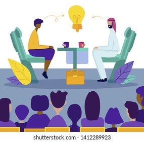 Arabic Businessman Conduct Negotiations at Table with Businesswoman or Work Candidate Discussing Innovation Ideas in Front of Huge Human Audience in Business Center. Cartoon Flat Vector Illustration