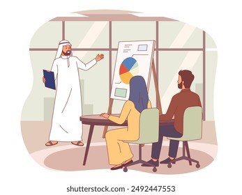 Arabic businessman conducts presentation. Man in national muslim clothes, saudi guy in office talks about project, presenting startup project, cartoon flat isolated illustration, vector concept