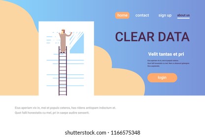 arabic businessman erasing information clear data concept man on ladder delate info arab cartoon character flat copy space horizontal vector illustration