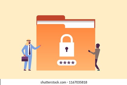 arabic businessman with hacker padlock password folder sensitive data concept locked privacy information database flat horizontal vector illustration