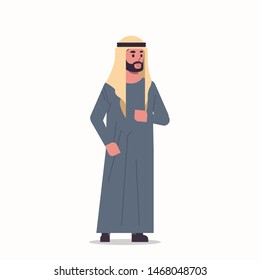 arabic businessman in hijab arab man wearing traditional clothes standing pose arabian male cartoon character full length flat white background