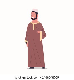 arabic businessman in hijab arab man wearing traditional clothes standing pose arabian male cartoon character full length flat white background