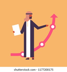 arabic businessman holding financial arrow up analytics concept aram man business finance consultant successful growth graph trade statistic flat cartoon character full length vector illustration