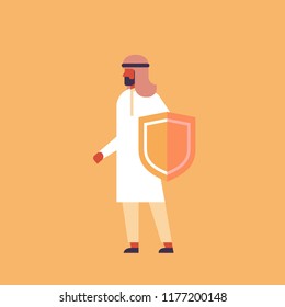 arabic businessman holding guard shield business protection concept arab man security male cartoon character flat full length vector illustration