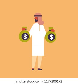 arabic businessman holding money bags growth wealth savings concept arab rich man cartoon character flat full length vector illustration