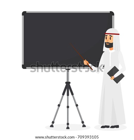 Arabic businessman making presentation on flipchart. Muslim man business plan flat vector illustration.