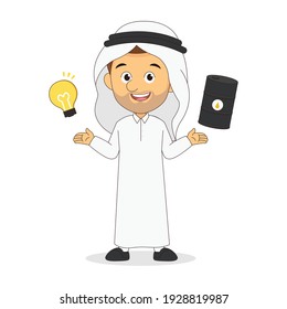 Arabic businessman with oil rig and idea for money