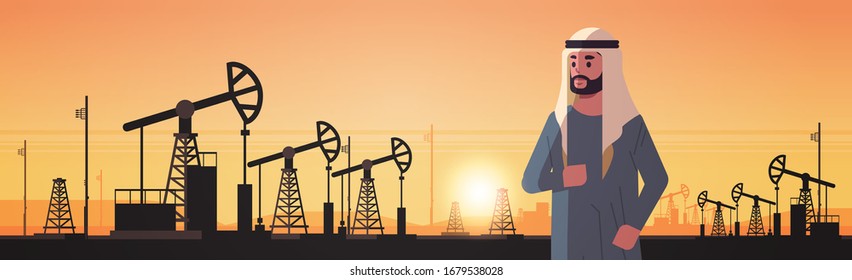 Arabic Businessman Over Pumpjack Petroleum Production Trade Oil Industry Concept Pumps Industrial Equipment Drilling Rig Sunset Background Horizontal Portrait Vector Illustration