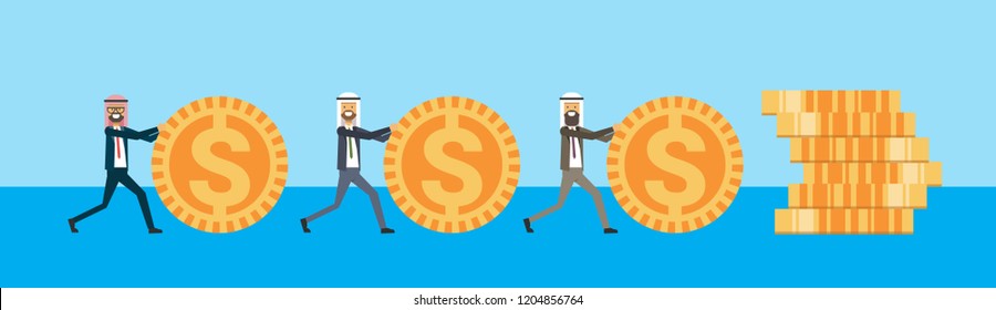 arabic businessman rolling dollar coins to money stack, successful arab business group accumulation of wealth growing financial success teamwork concept copy space flat banner vector illustration