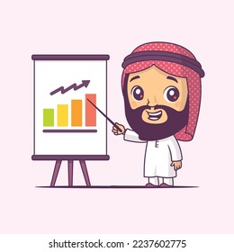 Arabic businessman showing graph chart on graph board vector illustration in cartoon chibi style