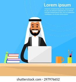 Arabic Businessman Sitting Office Desk Working Laptop Computer Flat Vector Illustration