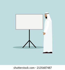 Arabic businessman standing in front of empty presentation board