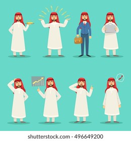 Arabic Businessman In Traditional Clothes At Different Work Moments Set
