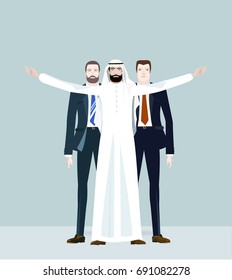 Arabic businessmen in front of oil industry emblem with his team. Concept of success, leadership and victory in business.